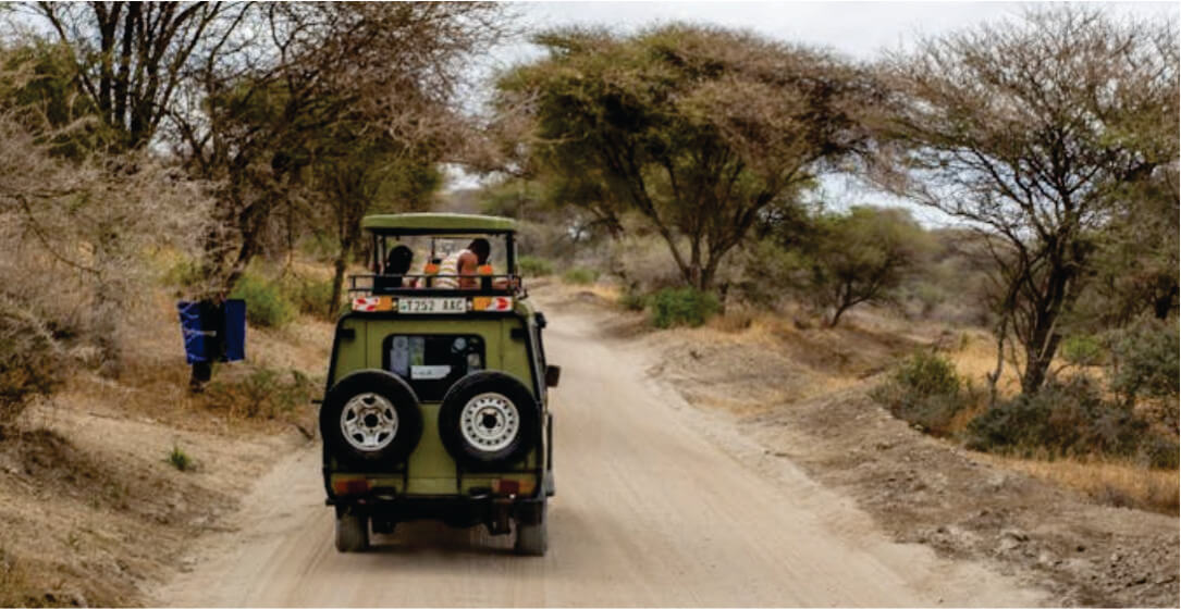 Jeep with tourists on a dirt road in a safari setting with trees and open landscape.