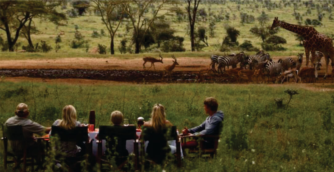 People watching wildlife in a grassy savannah on half-day package holidays to Kenya safari game drives in Masai Mara.