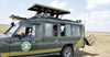 Green Safari vehicle hire with a green logo, roof tops and passengers on a grassy plain on Ol Pejeta Conservancy safari tours