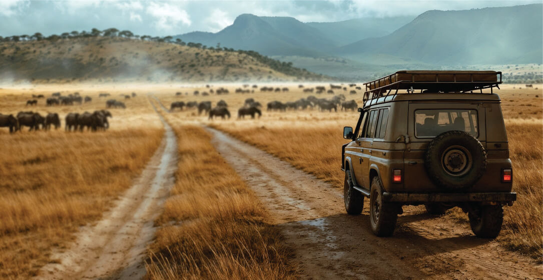 Jeep on a dirt road in a savannah with animals in the distance