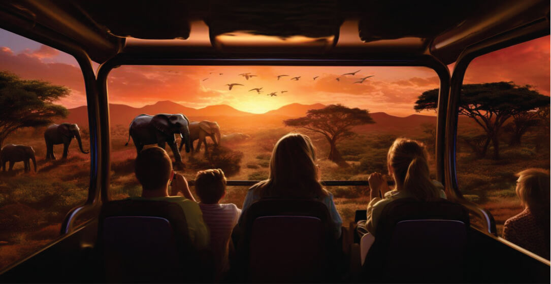 People in a safari vehicle observing elephants in a sunset savanna landscape on Masai Mara budget game drive adventure