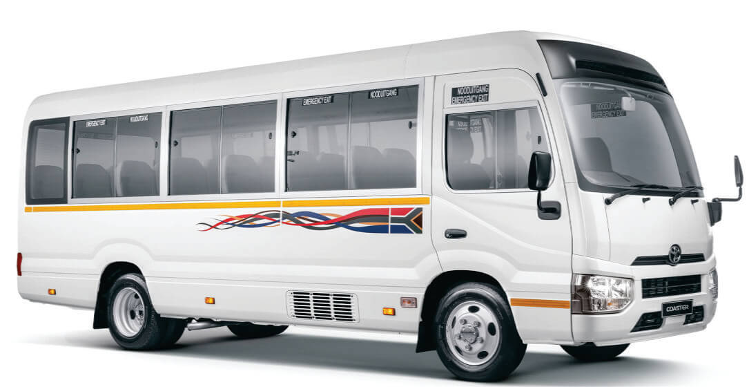 White  bus with a red and blue logo on a white background