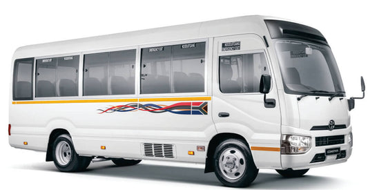 White  bus with a red and blue logo on a white background