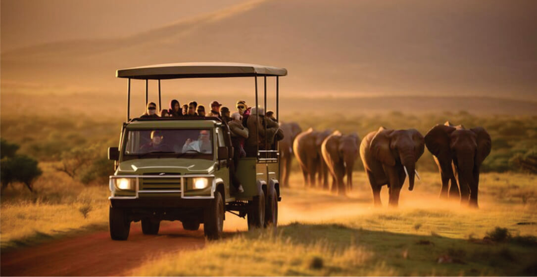Group of visitors in a green open-sided safari jeep watching elephant herd on hunting safari game drive in Masai Mara